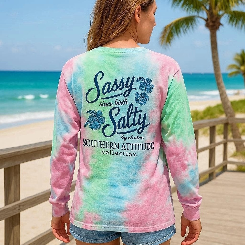 Southern Attitude Long Sleeve Tie Dye Pocket T-shirt L Cotton Candy Sky Pastel